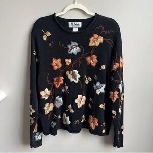 Vintage Sweater Women's XL Black Yarn Embroidery Leaf Cottage Boho 90s Nature